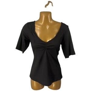 G by GUESS Black Ribbed Ruched Bust V-Neck Top Y2K Going Out Womens M
